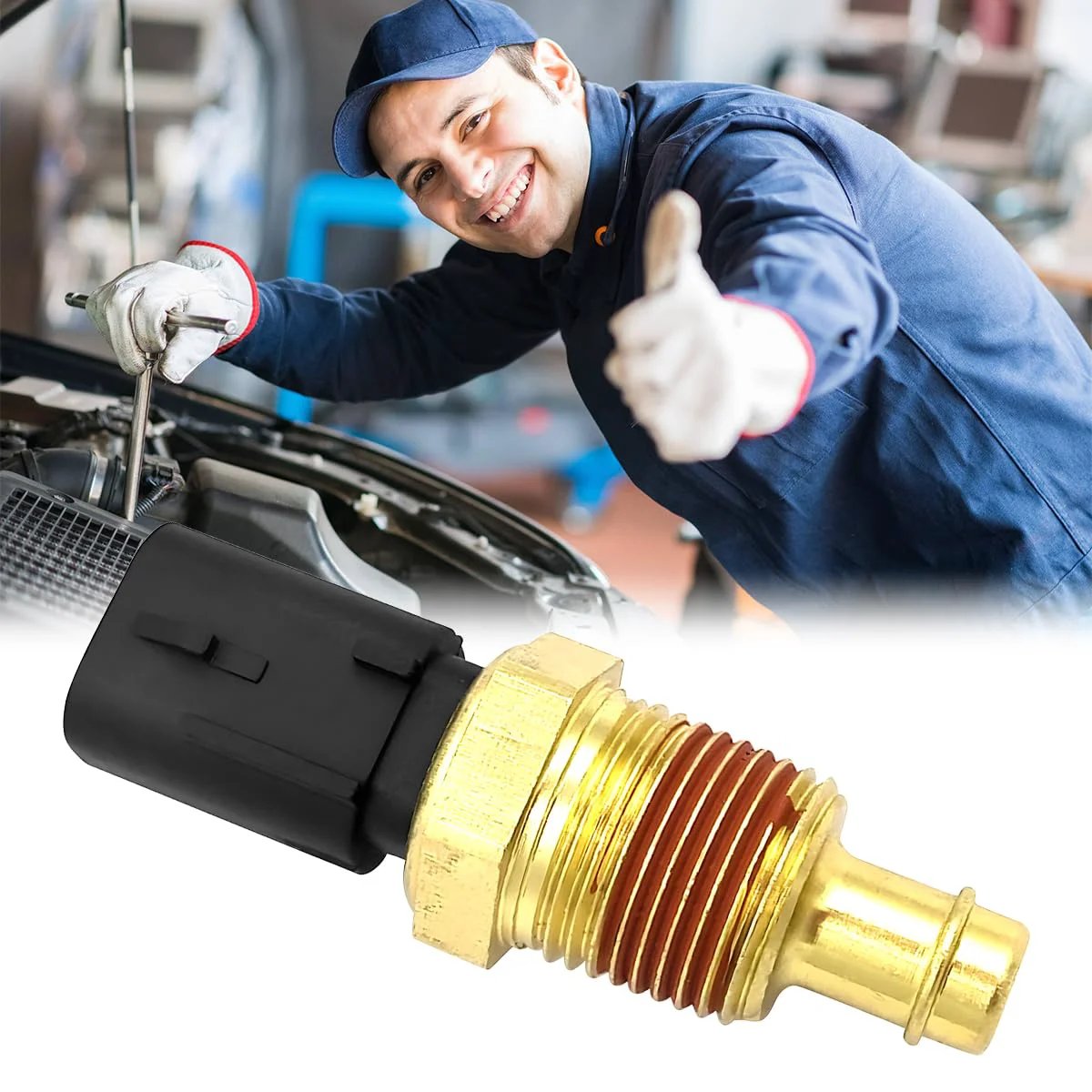 Engine Coolant Temperature Sensor Replacement For Your Jeep Wrangler Durango And Challenger, copper material, installed with a mechanic.
