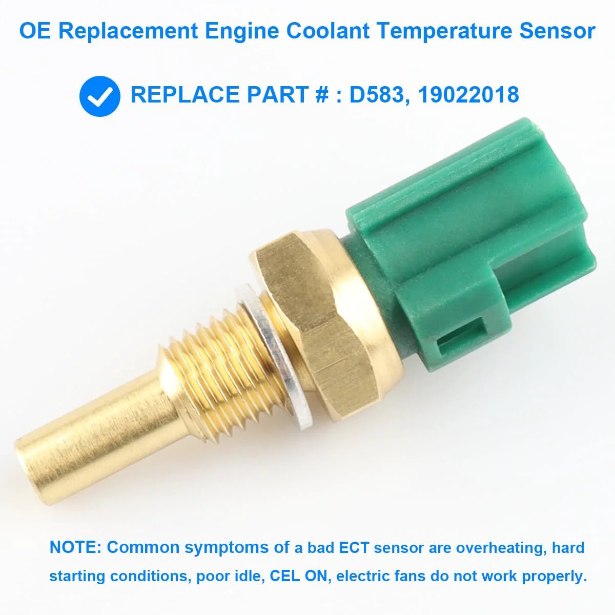 Engine Coolant Temperature Sensor ECT for Toyota Lexus Mazda Vehicles Replacement Compatible With 4Runner Avalon Camry Corolla Highlander Matrix Prius RAV4 Sienna Solara Tacoma Tundra ES300 RX300 side view showing brass and green connector.