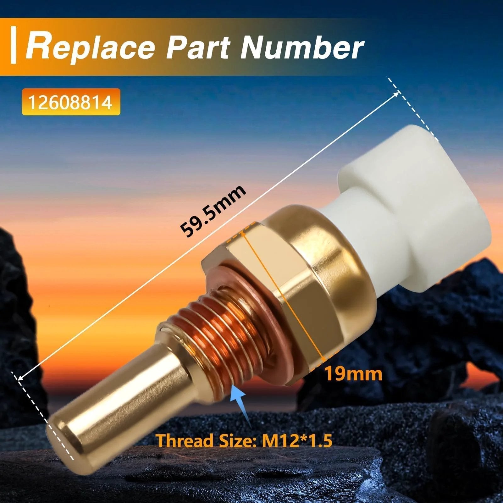 Engine Coolant Temperature Sensor ECT Water Temperature Sensor For GM Vehicles No Fuss Easy Install Direct Fit Compatible With Chevrolet Tahoe Malibu Suburban Buick Lucerne Enclave Allure GMC Yukon Sierra Replace 12608814 15326388 Brass Sensor side view with dimensions