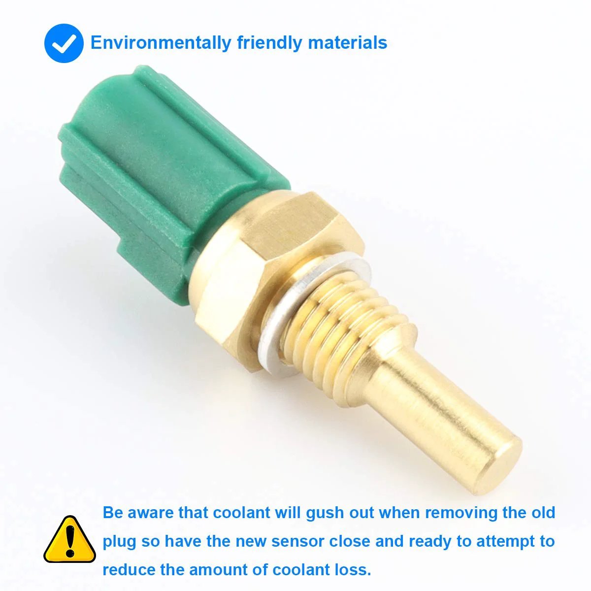 Engine Coolant Temperature Sensor ECT for Toyota Lexus Mazda Vehicles Replacement Compatible With 4Runner Avalon Camry Corolla  side view with green connector and brass body