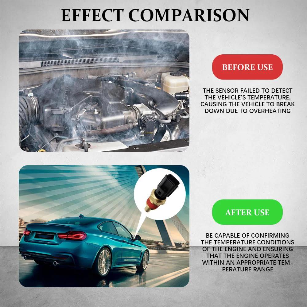 Image comparing engine overheating before and after replacing with Engine Coolant Temperature Sensor Replacement For Dodge Jeep Chrysler Vehicles Water Temperature Sender Unit Drop In Fit OE Style Sensor Compatible With 56027873 And 2132811 SU3035.