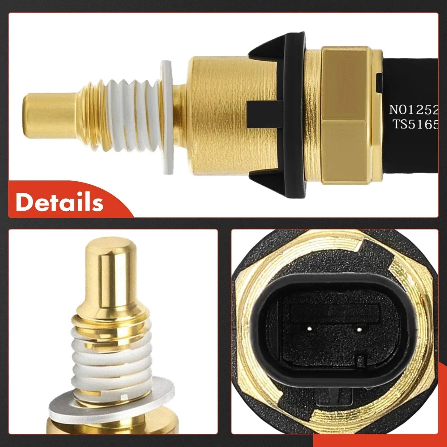 Close-up view of Engine Coolant Temperature Sensor for Chevy GMC Cadillac Buick Vehicles by A-Premium showing gold metal tip and connector.