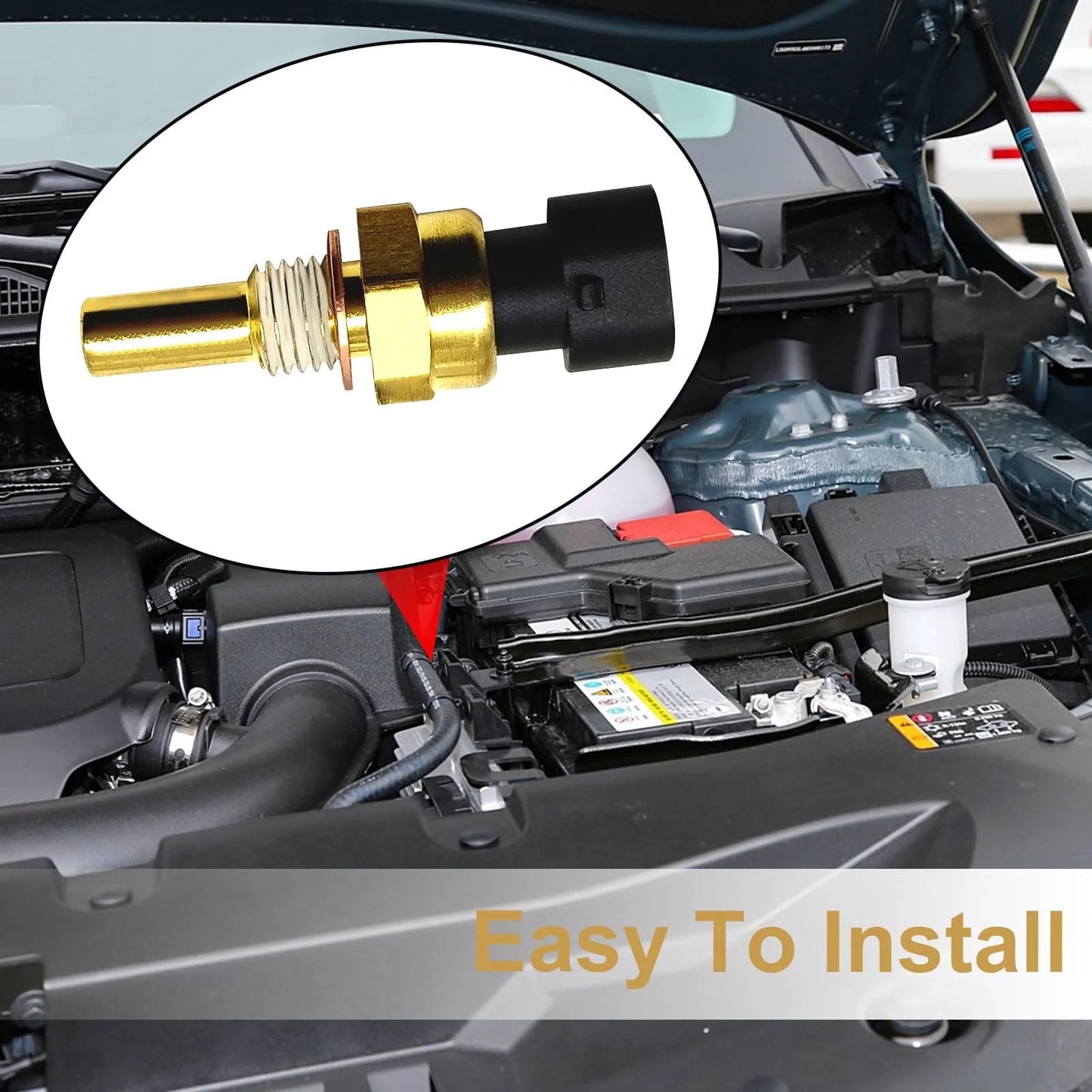 Engine Coolant Temperature Sensor For GMC Sierra 1500 2500 3500 And Chevy Tahoe Avalanche Silverado Icyhaws Replacement OE Part 19236568 213-4333 213-4514, shown installed in vehicle engine.