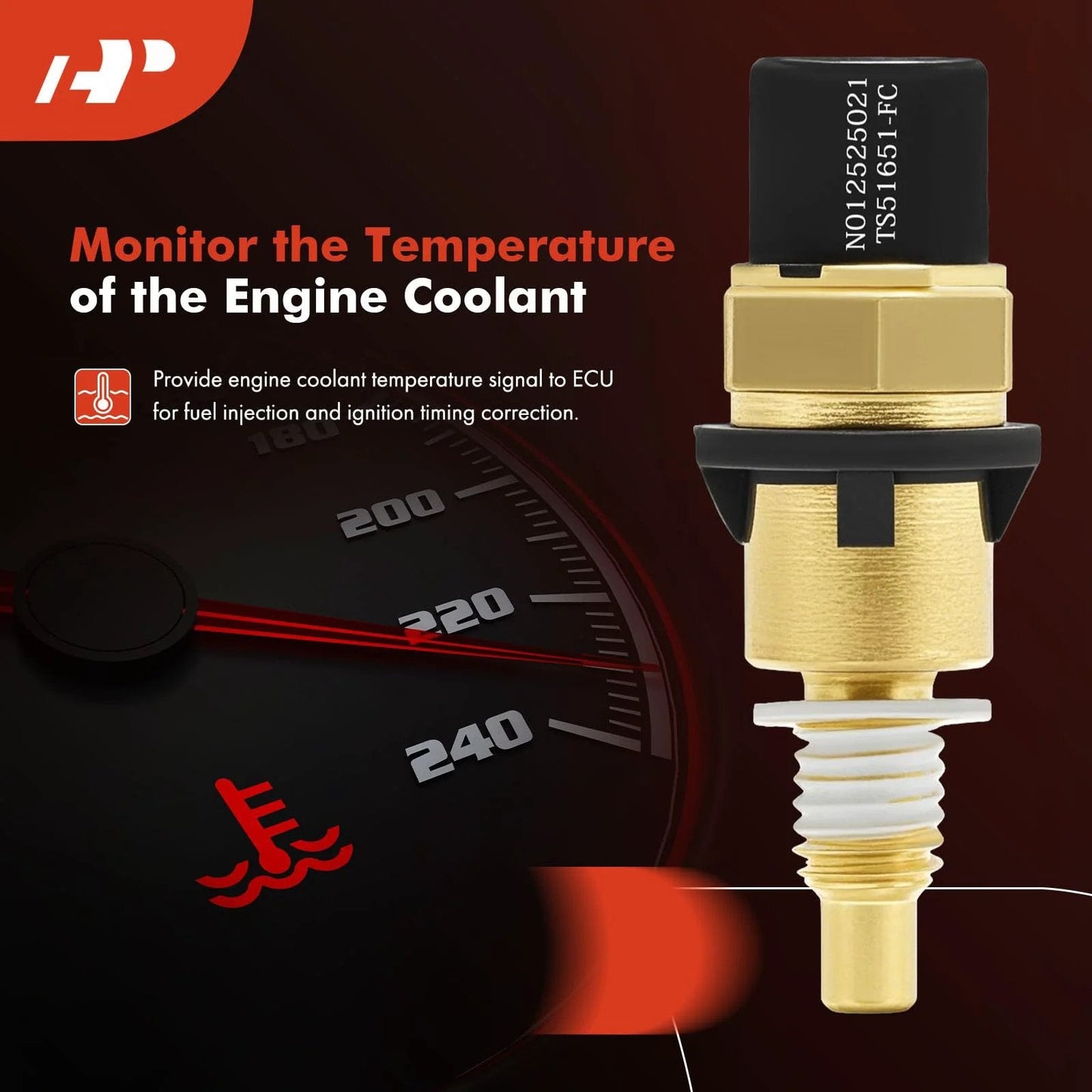 Close-up of Engine Coolant Temperature Sensor For Chevy GMC Cadillac Buick Vehicles By A-Premium with gold metallic finish.