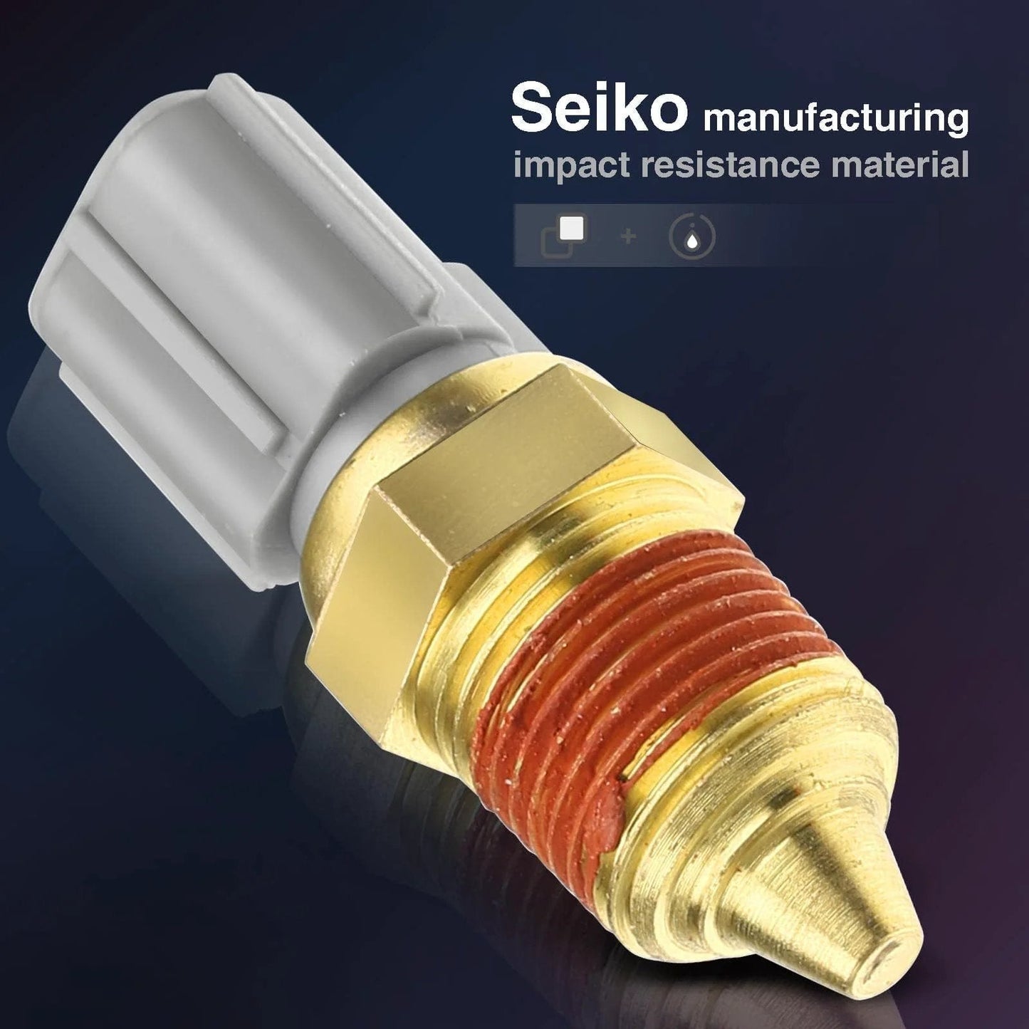 Premium Engine Coolant Temperature Sensor F5AF-12A648-AA Direct Fit Replacement showing square shape and gold finish.