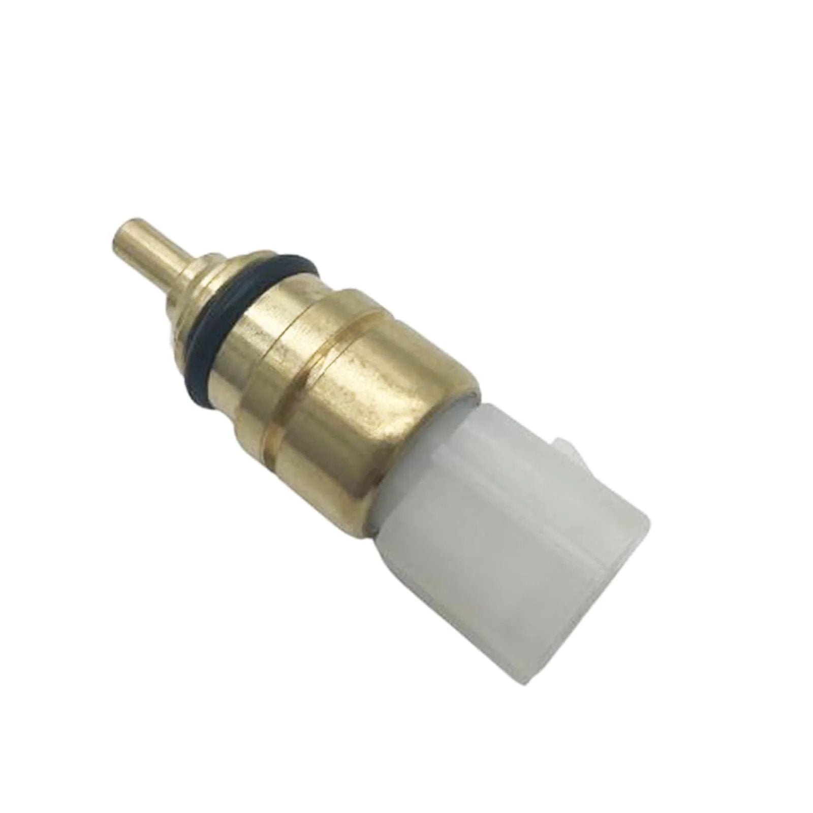 Engine Coolant Temperature Sensor Compatible With Hyundai 08 17 Santa Fe Sport Sonata Tucson And Kia Forte Forte Koup Forte5 Optima Rondo Sorento L4 2.0L 2.4L Replaces 39220 38010 Drop In Easy Quick Install close-up view of sensor with brass and white components.
