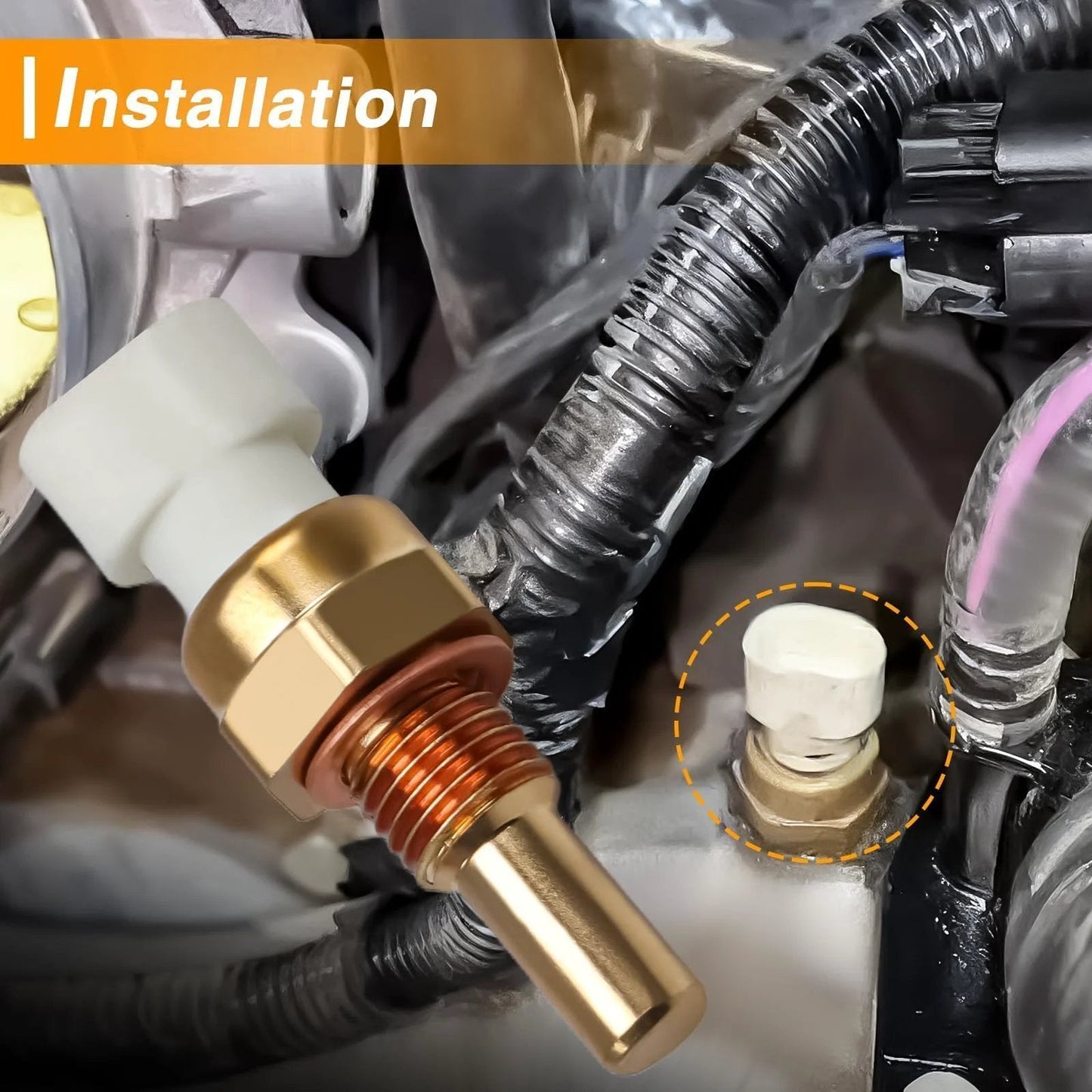 Installed Engine Coolant Temperature Sensor ECT Water Temperature Sensor For GM Vehicles, direct fit brass sensor next to original sensor.