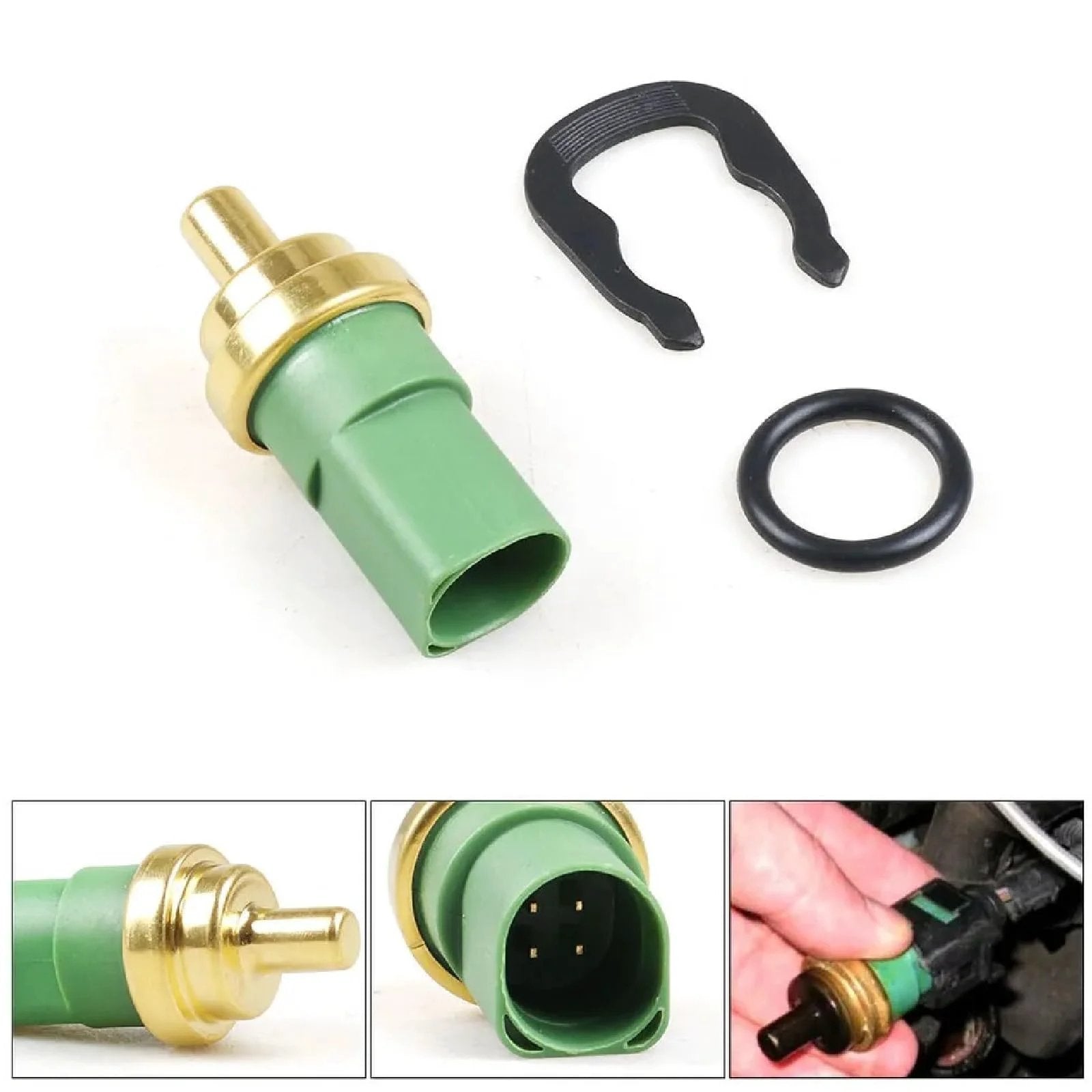 Engine Coolant Temperature Sensor for Audi A3 A4 A6 A8 S4 S6 TT Quattro Beetle Golf Jetta Passat Cabrio Eurovan 1998 2010 ECT Sensor with plug, clip, and O-ring.