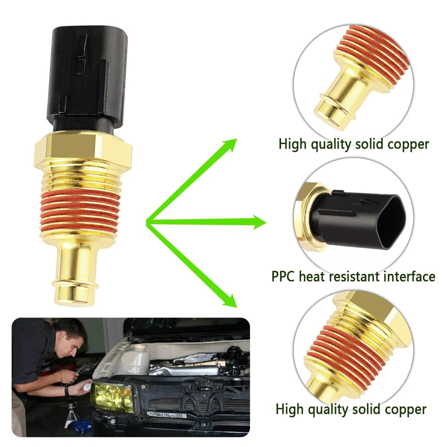 Engine Coolant Temperature Sensor For Ram Chrysler Jeep Dodge OEM 5149077AB 514909AB SU13812 SU13813 TX195 close-up view with solid copper body.