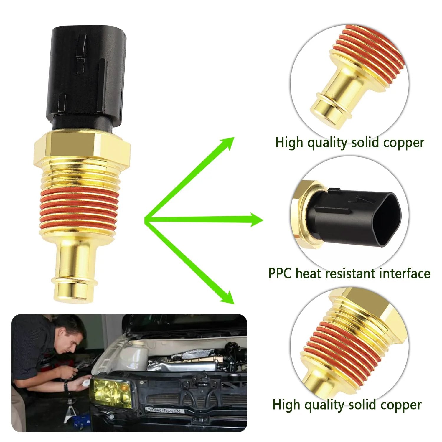 Engine Coolant Temperature Sensor For Ram Chrysler Jeep Dodge OEM 5149077AB 514909AB SU13812 SU13813 TX195 close-up view with solid copper body.