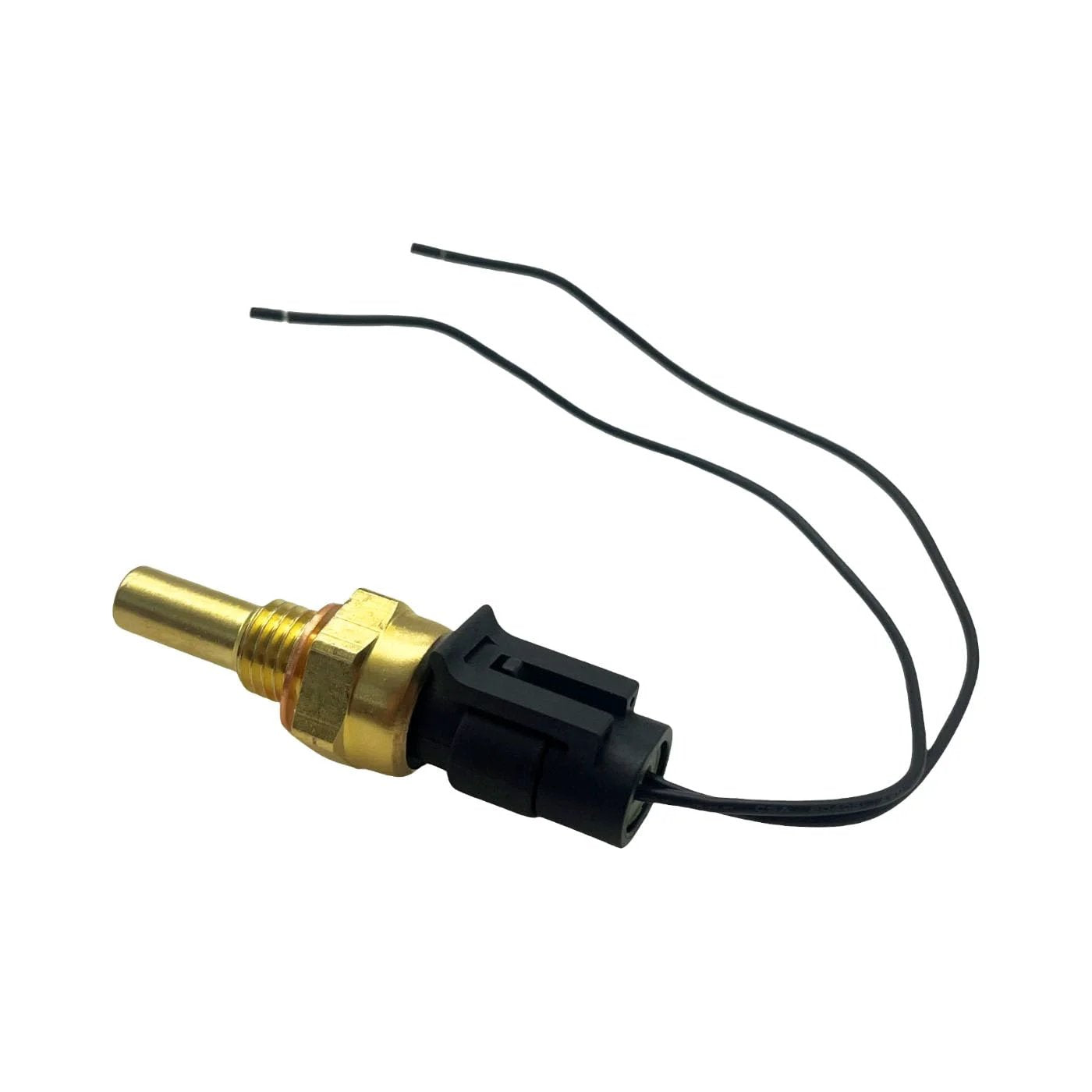 Engine Coolant Temperature Sensor With Pigtail Connector 19236568 Replacement, brass and plastic construction, wiring visible, side view.