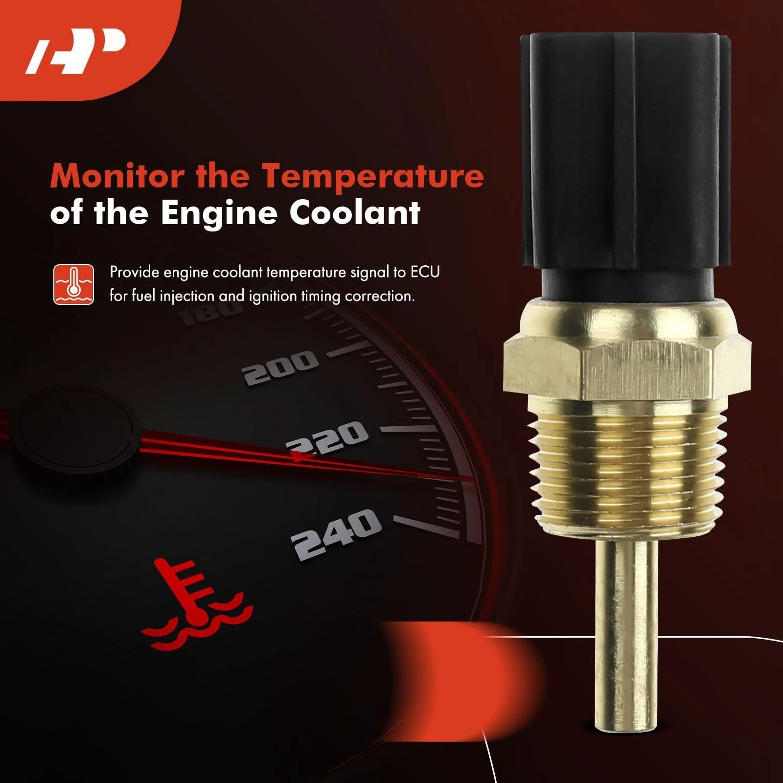 Engine Coolant Temperature Sensor Compatible With Chrysler Sebring Dodge Stratus Hyundai Sonata Mitsubishi Eclipse Galant Lancer Montero Outlander, close-up view showing brass base and electrical connector.