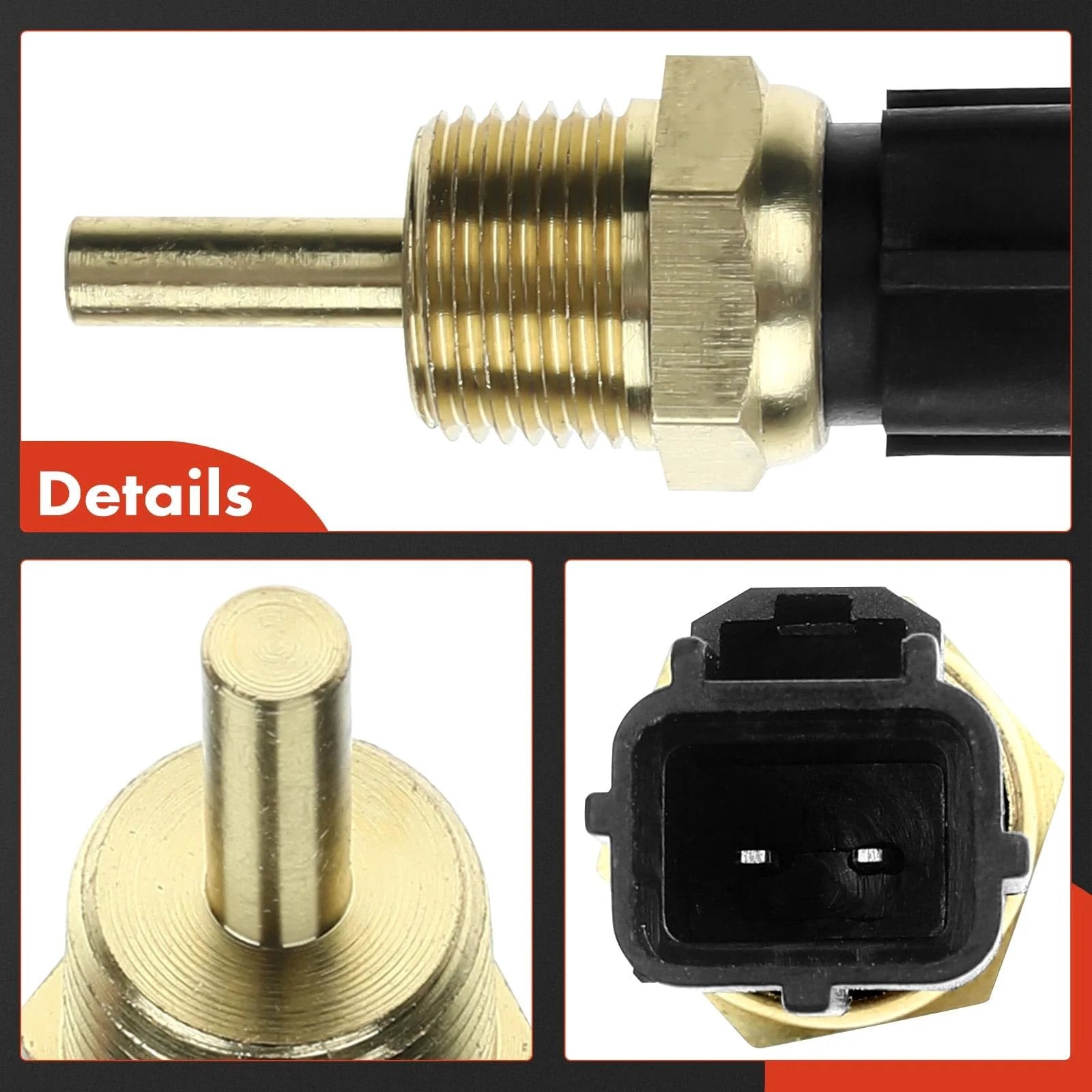 Engine Coolant Temperature Sensor Compatible With Chrysler Sebring Dodge Stratus Hyundai Sonata Mitsubishi Eclipse Galant Lancer Montero Outlander showing threaded brass tip, plastic connector, and detailed close-up view.
