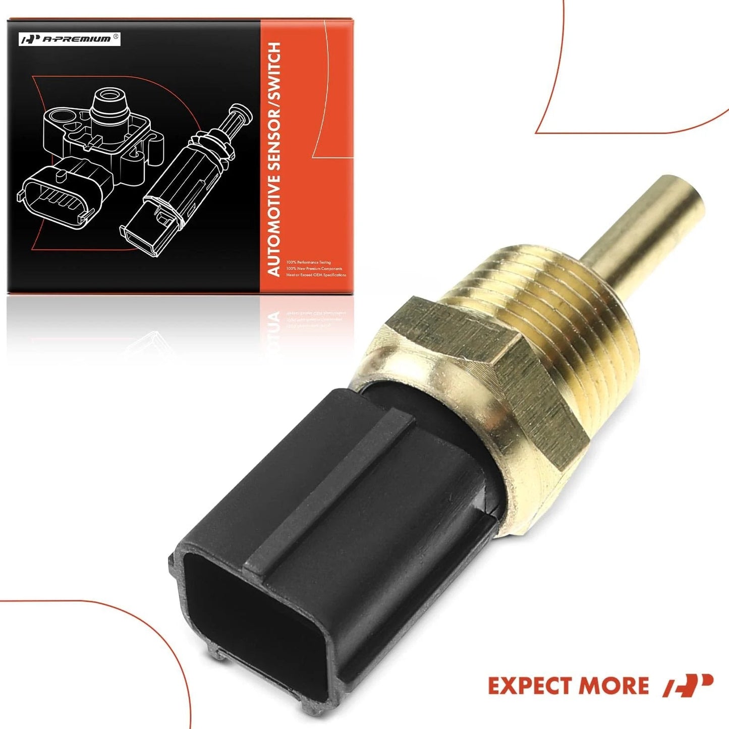 Engine Coolant Temperature Sensor Compatible With Chrysler Sebring Dodge Stratus Hyundai Sonata Mitsubishi Eclipse Galant Lancer Montero Outlander Premium Replacement Sensor Plug And Play Easy Install For Accurate Readings And Solid Engine Performance, front view with brass housing and electrical connector.