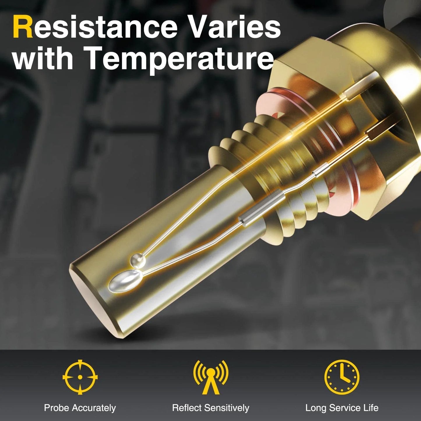 Close-up of Engine Coolant Temperature Sensor For BMW Cars, By A-Premium, showing internal probe and resistance wire features.