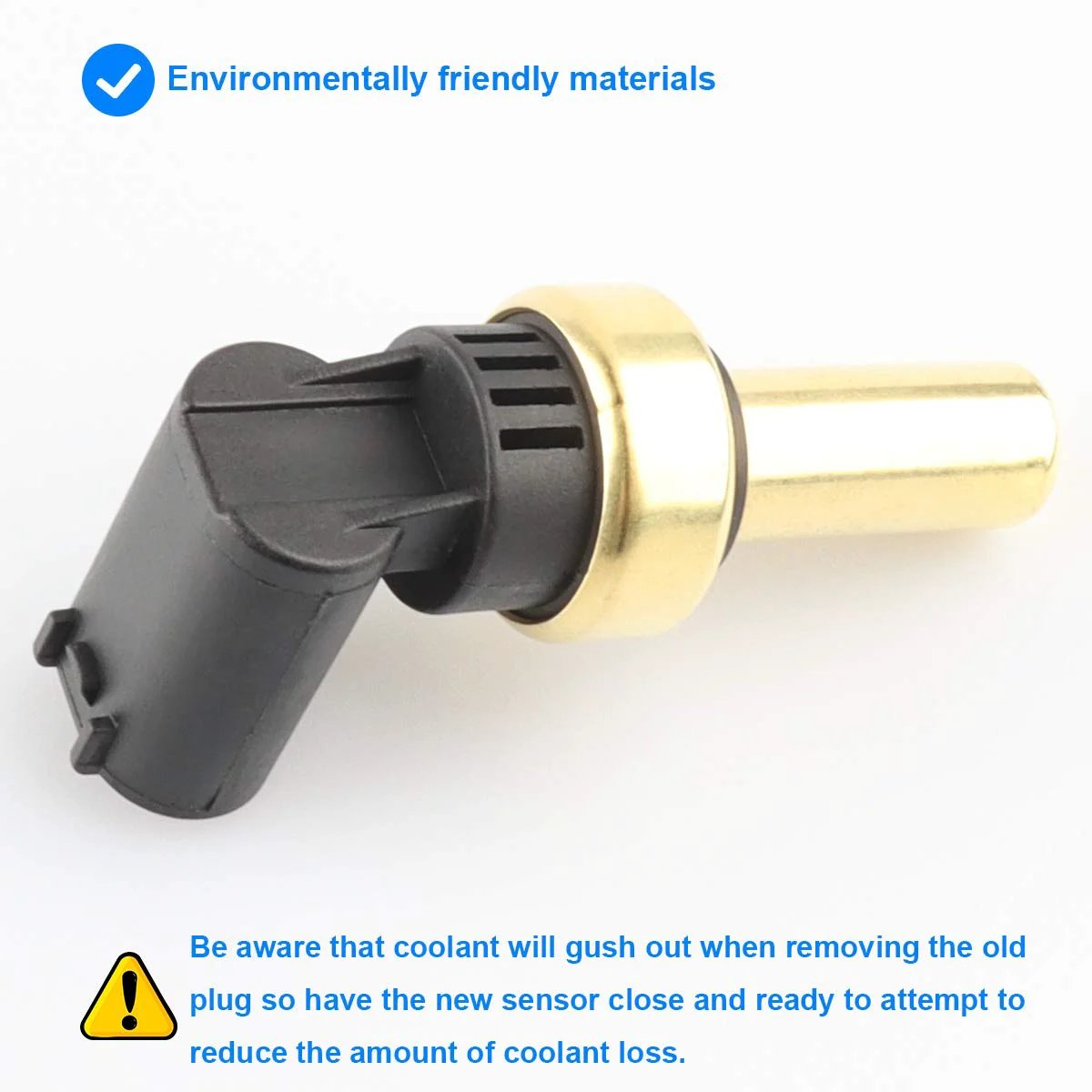 Engine Coolant Temperature Sensor Replacement ECT Sensor 55591401 SU13821 showing a black plastic and brass sensor for GM models.