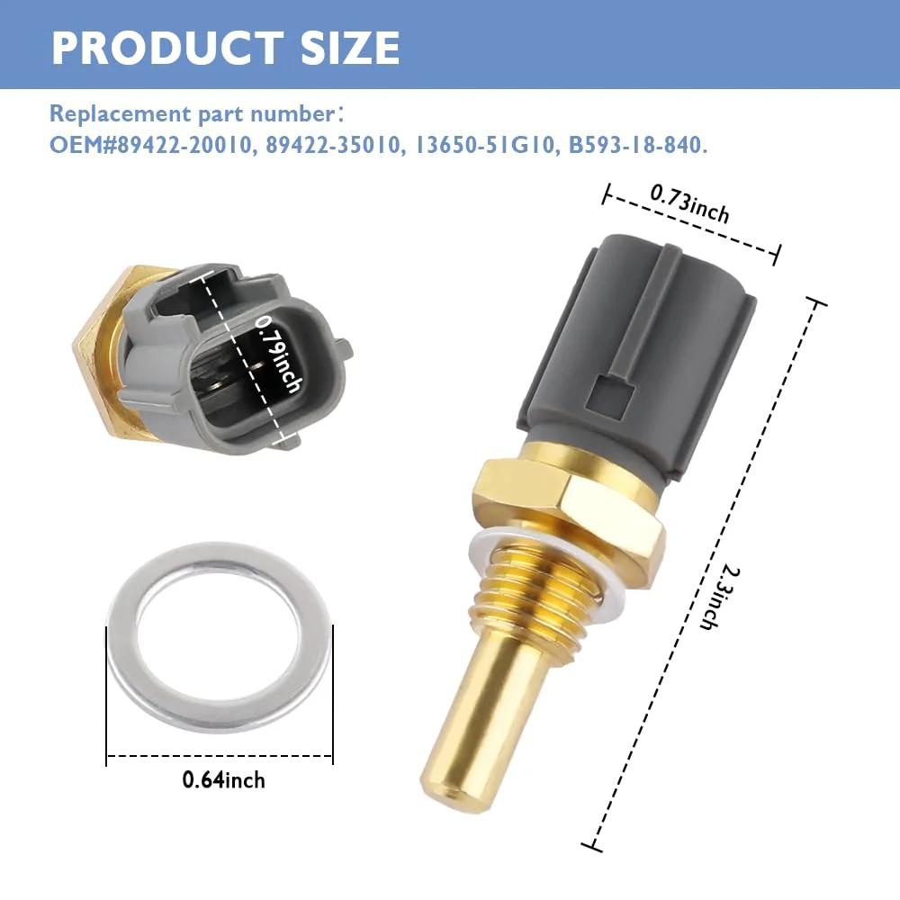 Universal Engine Coolant Temperature Sensor Replacement For Chevy Ford Geo GMC Jaguar And Kia Vehicles With OEM Numbers 89422-20010 89422-35010 13650-51G10 And B593-18-840 Fits 1991-1998 Chevy Tracker Ford Thunderbird Geo Tracker And More, showing sizes and connectors.