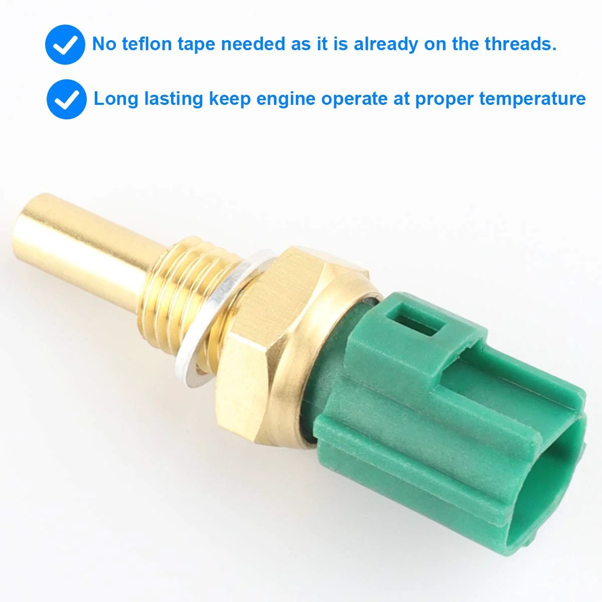 Engine Coolant Temperature Sensor ECT for Toyota Lexus Mazda Vehicles Replacement Compatible With 4Runner Avalon Camry Corolla Highlander Matrix Prius RAV4 Sienna Solara Tacoma Tundra ES300 RX300 side view showing threads and connector.