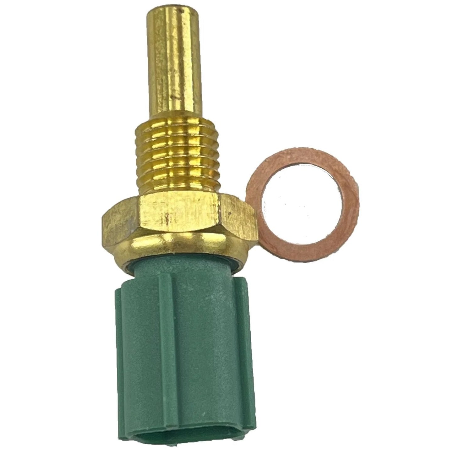 Engine Coolant Temperature Sensor Replacement D583 19022018 compatible with Toyota vehicles, showing the sensor with green connector and copper washer.