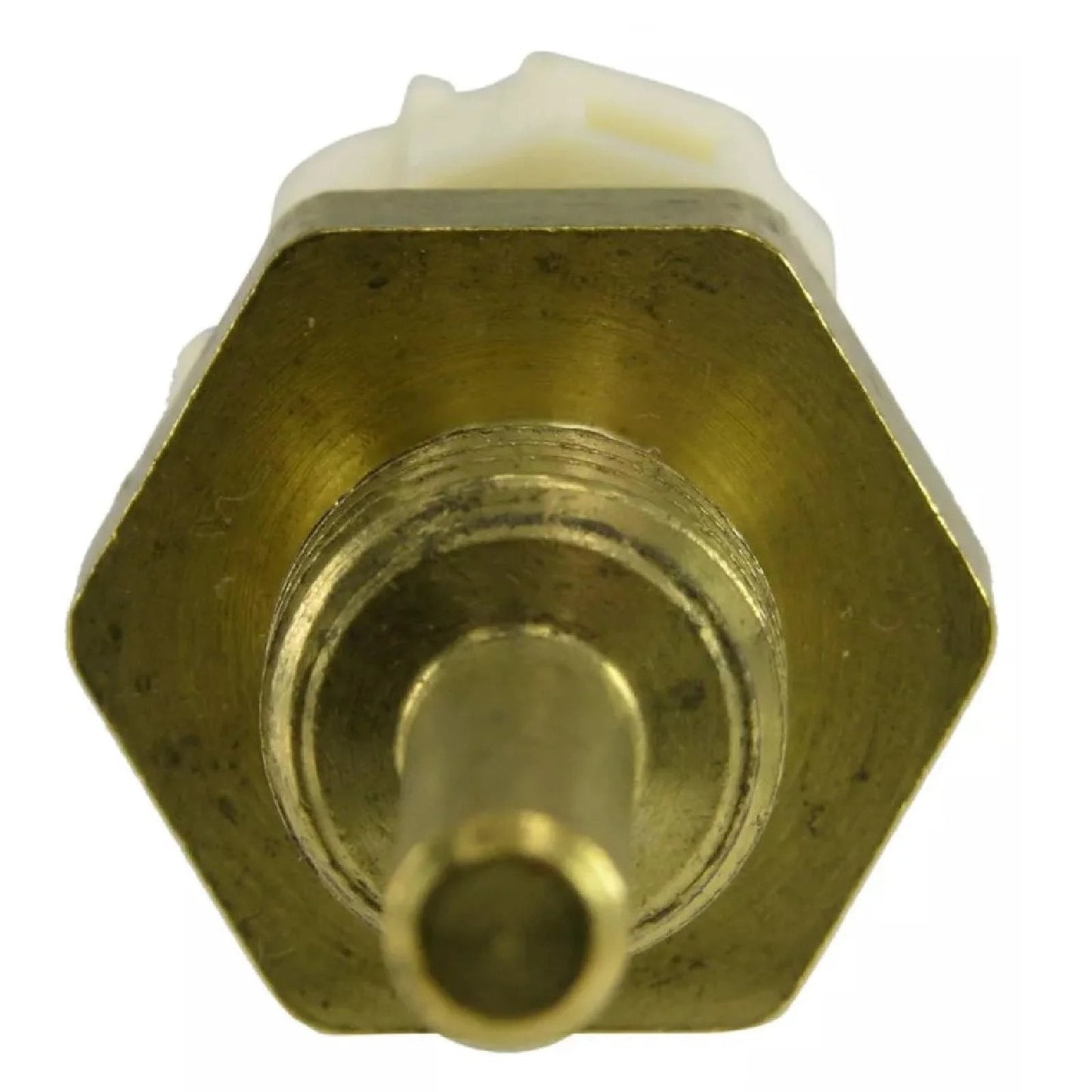 Close-up of Engine Coolant Temperature Sensor for Toyota and Lexus Vehicles 1985 to 2019 No Fuss Install, showing brass metal and connector.