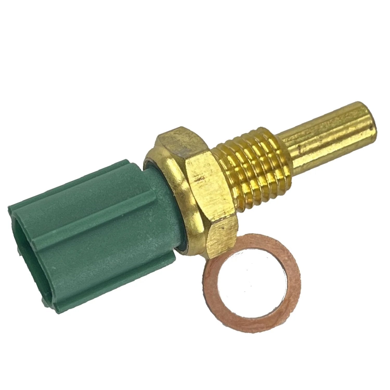 Engine Coolant Temperature Sensor Replacement D583 19022018 Compatible With Toyota 4Runner Avalon Camry Corolla Highlander Prius Sequoia Sienna Solara Tacoma Tundra Premium OEM Style ECT Sensor, detailed view, green connector, brass metal.