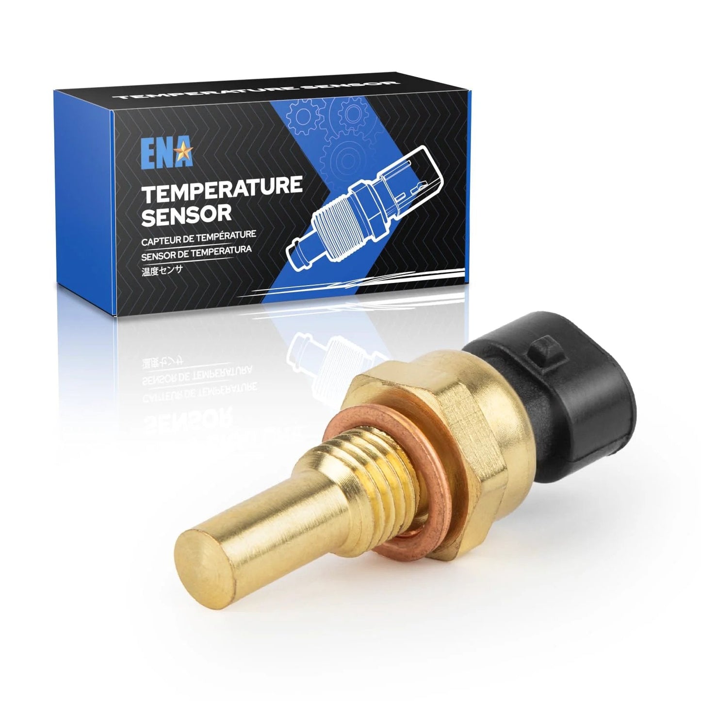 Engine Coolant Temperature Sensor For Chevy Silverado 1500 2500HD 3500HD Camaro CTS G5 And More Fits 2.0L 3.0L 4.8L L4 V6 V8 Engines 2011 To 2015 Replaces TX89 Compatible With GMC Buick Cadillac boxed with sensor displayed.