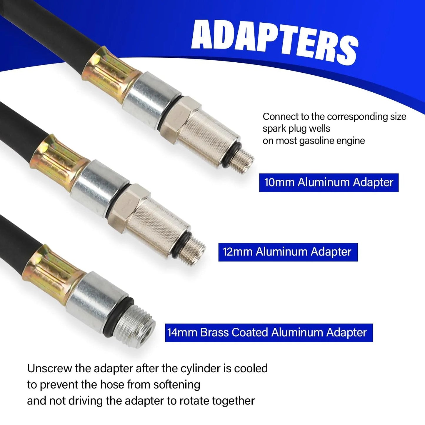 Adapters for TU21 Engine Cylinder Leak Down Tester Kit showing 10mm aluminum, 12mm aluminum, and 14mm brass coated aluminum.