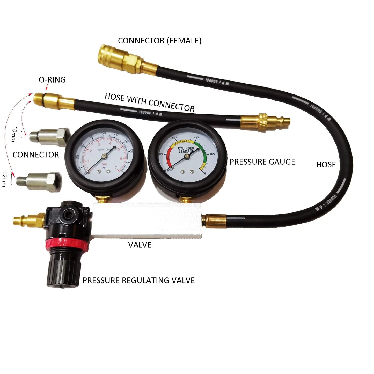 Leak Down Tester TU21 Engine Cylinder Leak Tester And Compression Gauge Set showing pressure gauge, connectors, and hoses for diagnostics.
