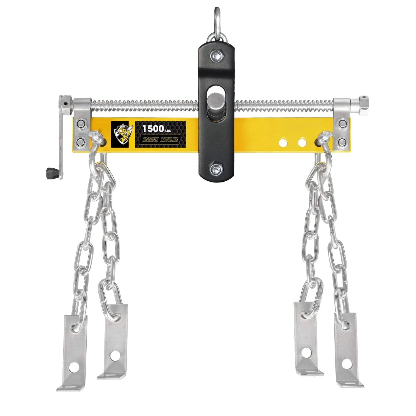 Engine Load Leveler 1500 Lb Capacity For Steel Engine Hoists And Shop Cranes With Adjustable Handle Powder Coated Build And Three Position Chain Mounts For Precise Hands Free Leveling - Front view showing chains and handle