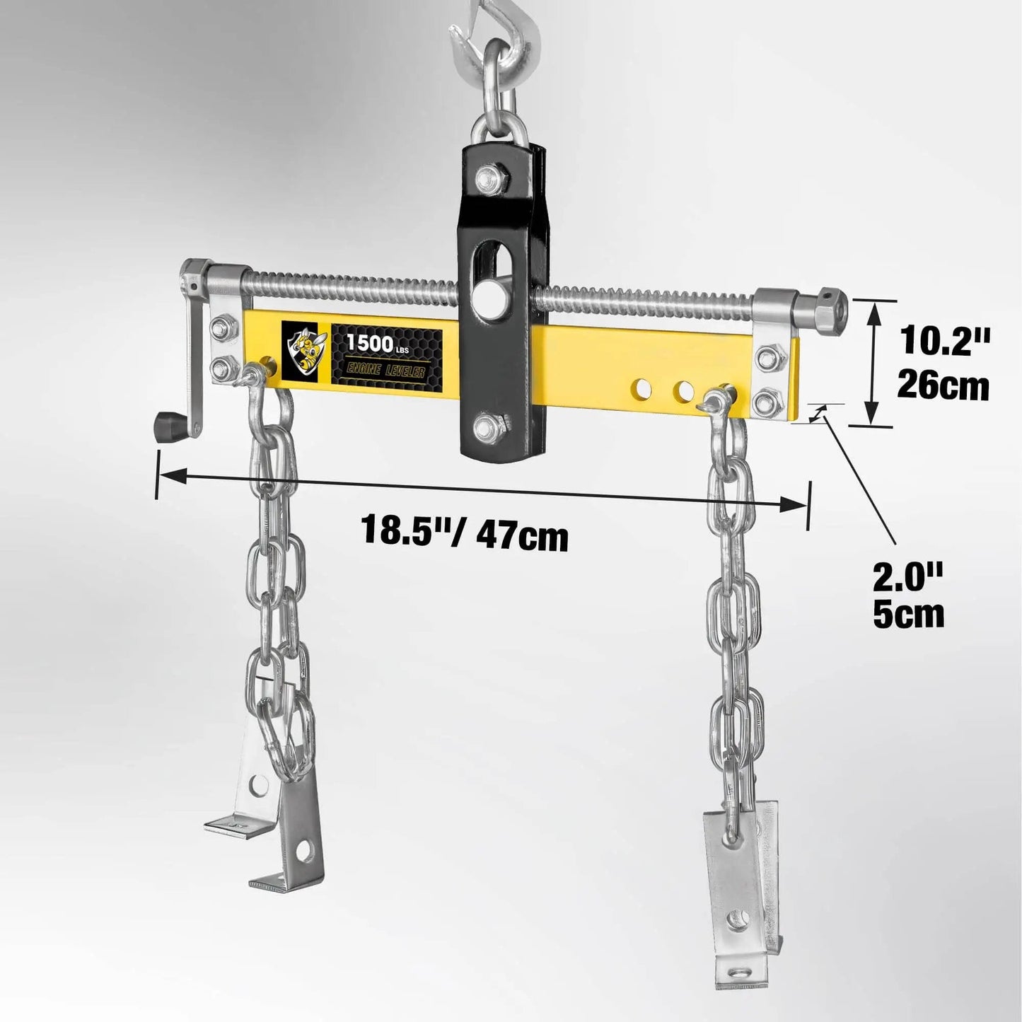 Front view of Engine Load Leveler 1500 lb Capacity for Steel Engine Hoists and Shop Cranes with Adjustable Handle.