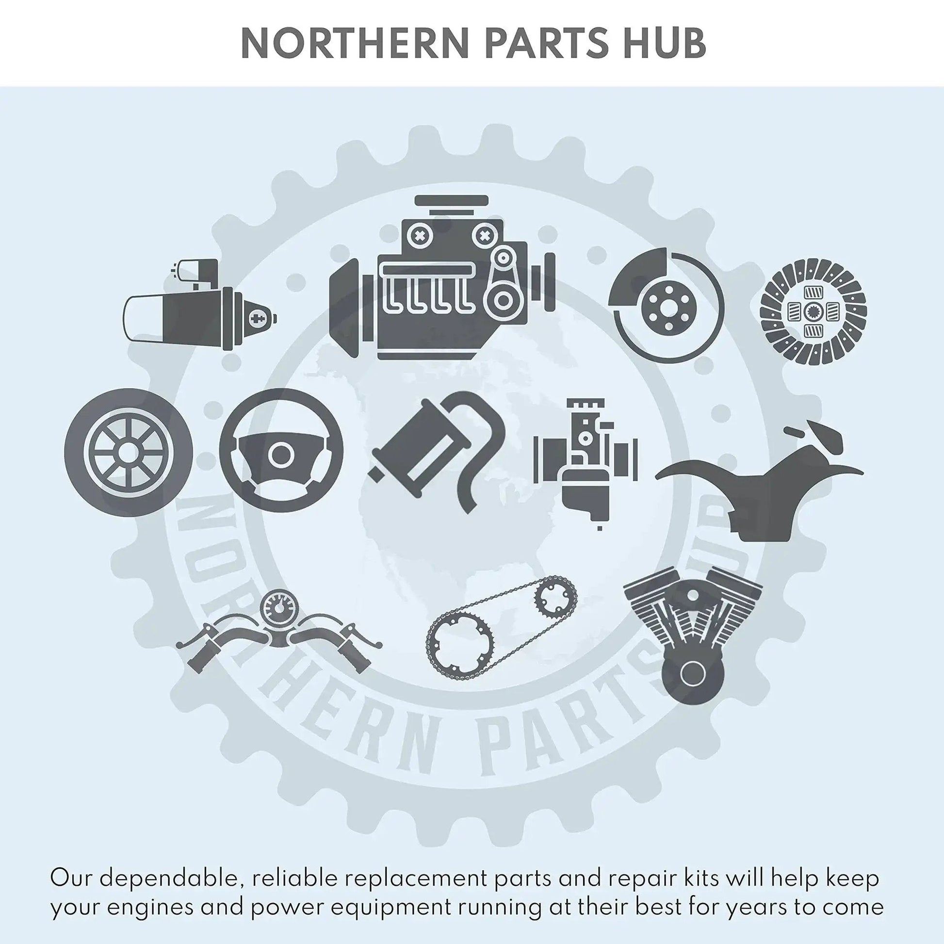 Illustration of automotive and machinery parts, including an engine and chain, featuring Northern Parts Hub logo.