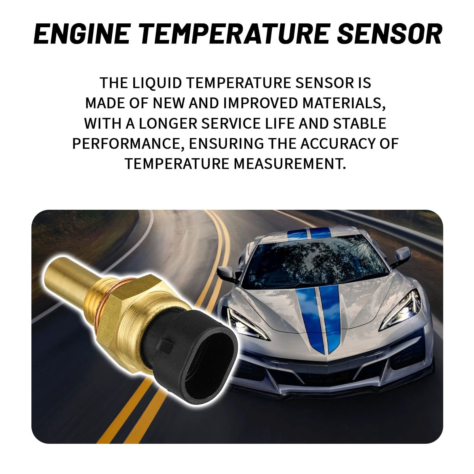 Gold Engine Coolant Temperature Sensor For Chevy GMC Cadillac Buick ECT Temp Sensor Replacement OEM 12608814 15404280 12191170 60811520 Brass located on a road with a sports car in the background.