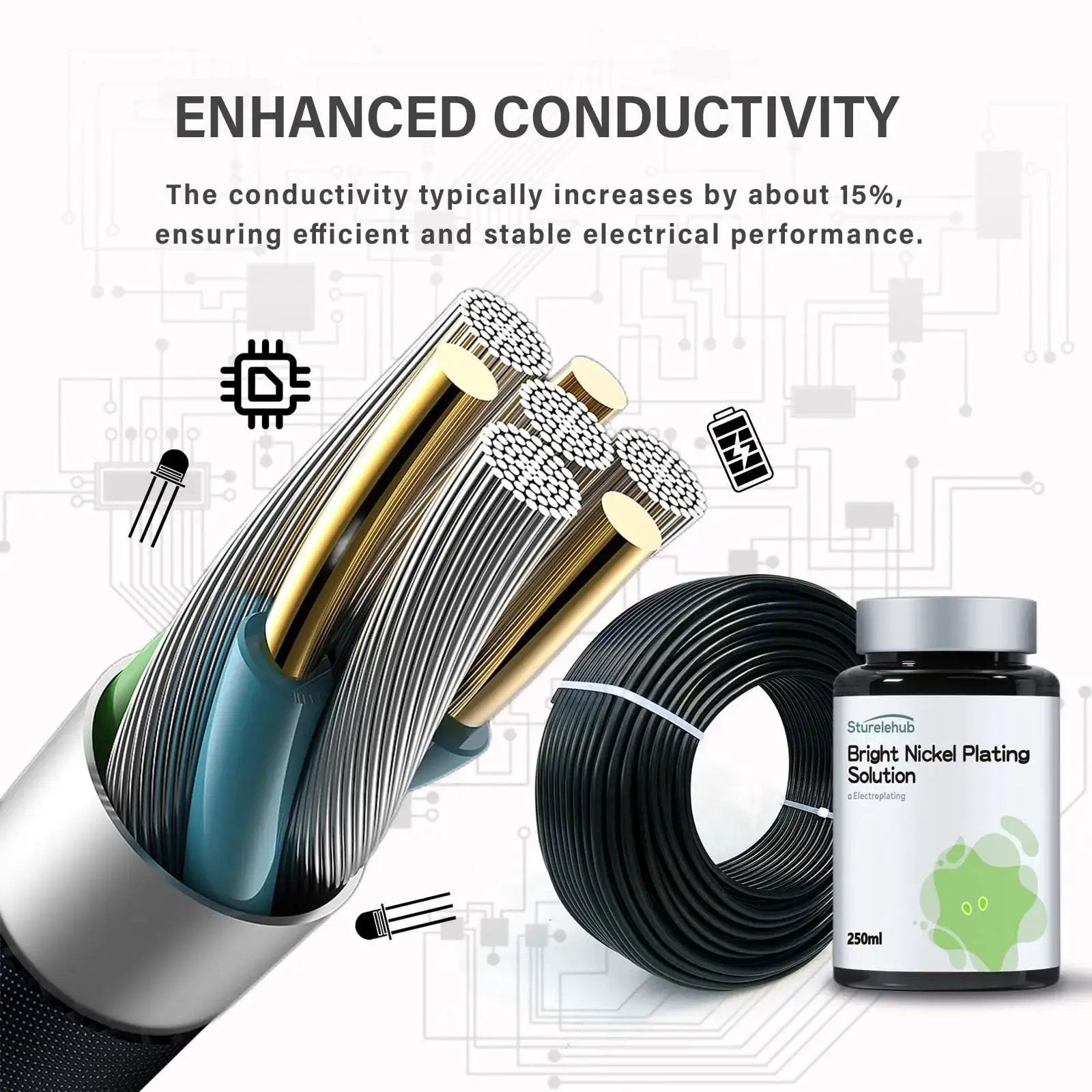 Bright Nickel Plating Solution 250ml with wire and conductive diagram for enhanced electrical conductivity in electroplating.