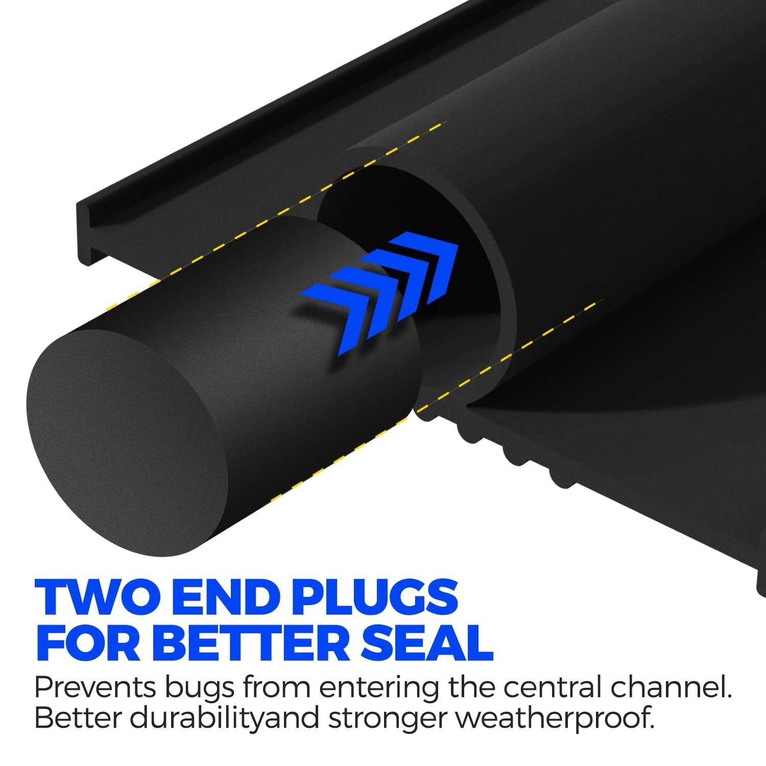 Close-up of Flexible EPDM Garage Door Seal Bottom Rubber With Five Sixteenth Inch T End, displaying two end plugs for better seal.