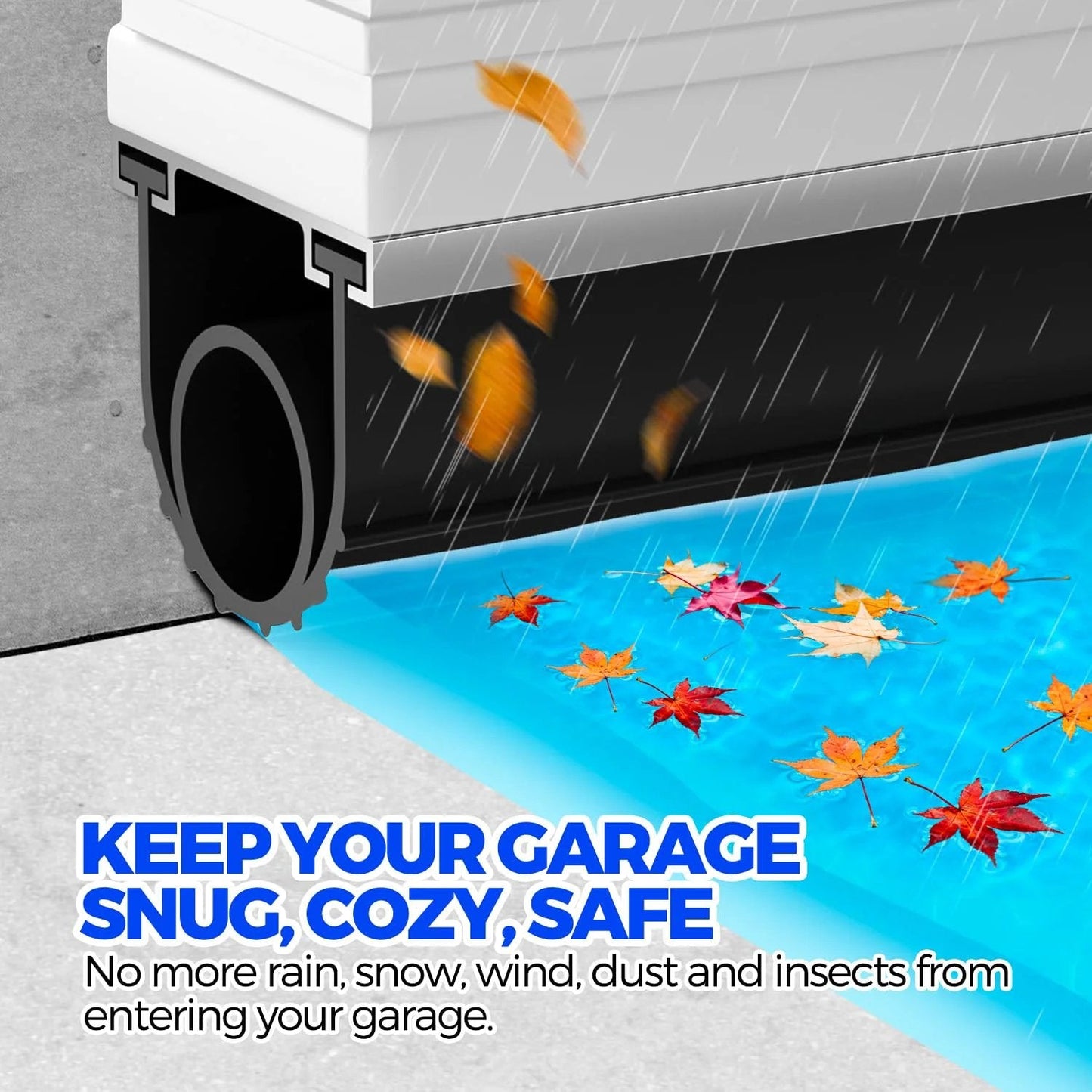 Flexible EPDM Garage Door Seal Bottom Rubber With Five Sixteenth Inch T End And Four And One Eighth Inch Width, Weather Stripping Kit Seal Strip Replacement, 22 Ft Black, close-up of seal in action preventing water and debris.