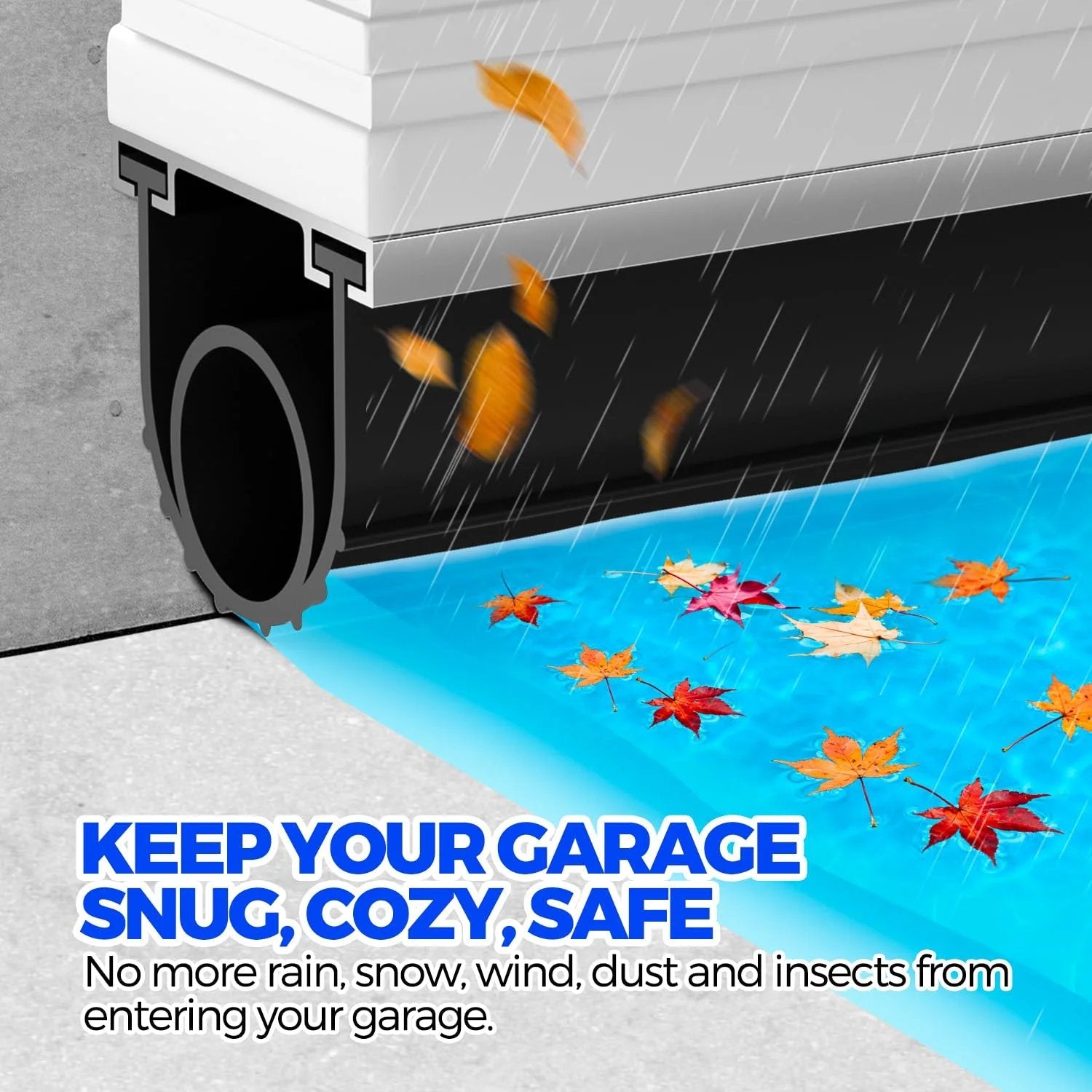 Flexible EPDM Garage Door Seal Bottom Rubber With Five Sixteenth Inch T End And Four And One Eighth Inch Width, Weather Stripping Kit Seal Strip Replacement, 22 Ft Black, close-up of seal in action preventing water and debris.