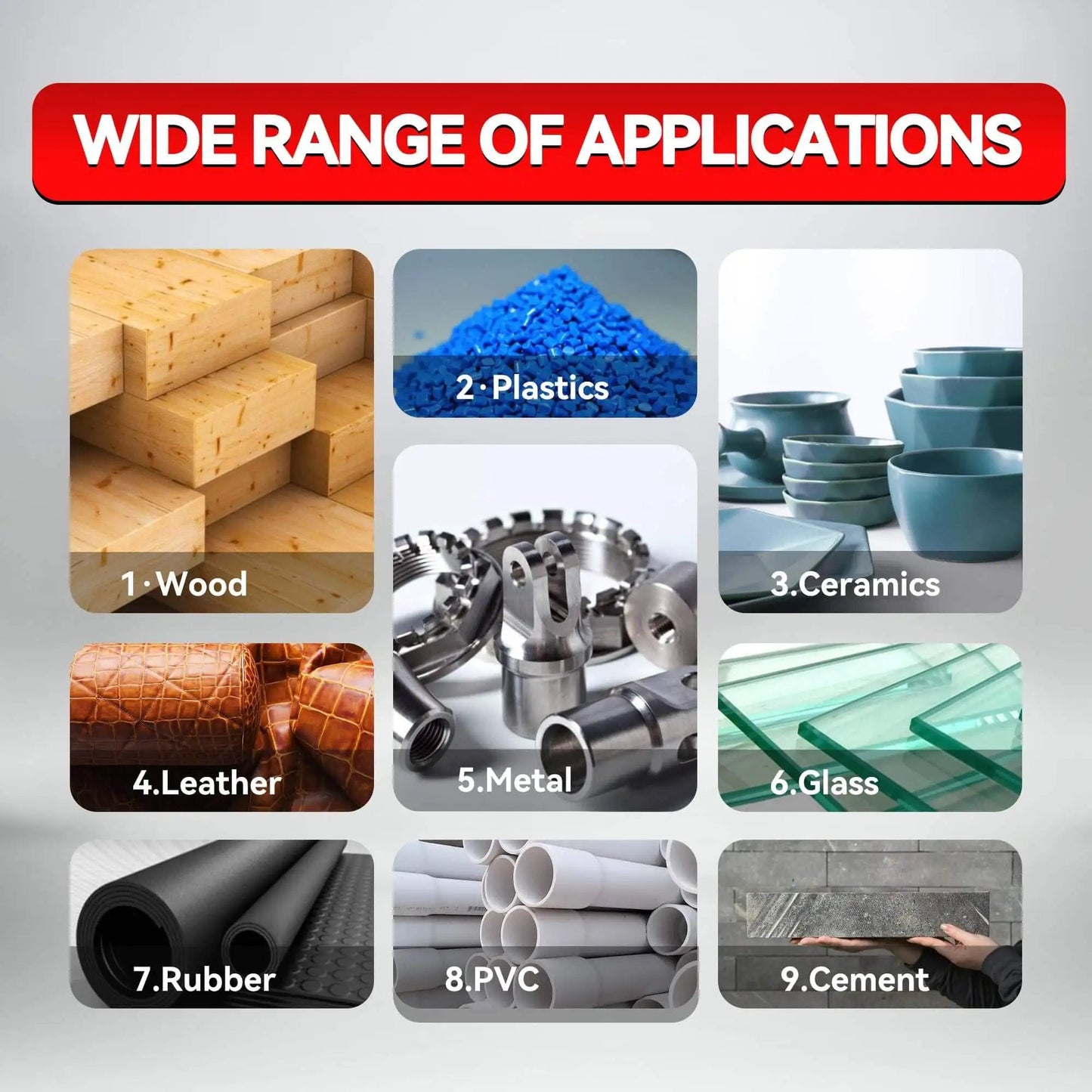 Wide range of applications for Clear Two Part Epoxy Glue on wood, plastics, ceramics, leather, metal, glass, rubber, PVC, cement.