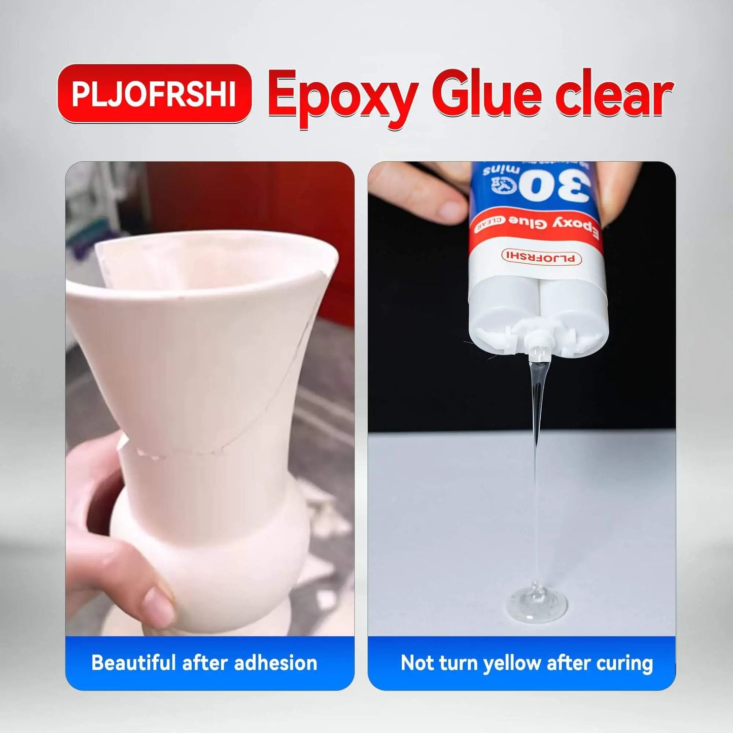 Clear Two Part Epoxy Glue For Plastic Metal Wood Ceramic And More Multipurpose Waterproof Adhesive shown curing on ceramic vase