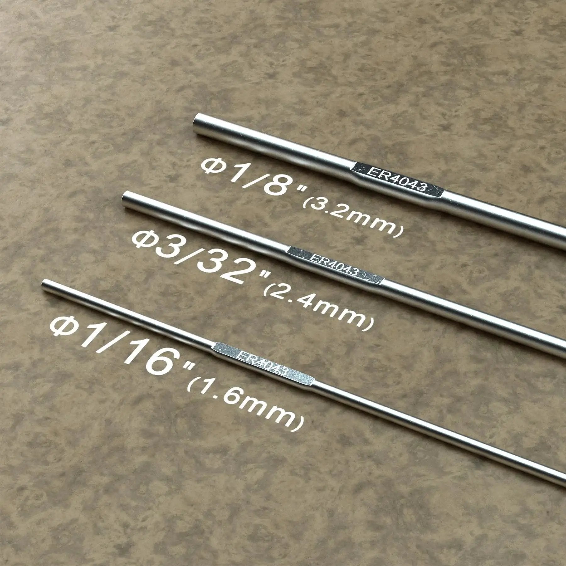 ER4043 Aluminum TIG Welding Rod Three Thirty Second Inch By Sixteen Inch 1.8 Pound Low Splatter Filler Wire displayed in sizes