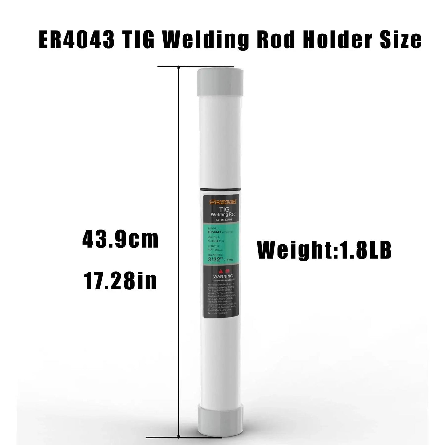 ER4043 Aluminum TIG Welding Rod Holder 17.28 inch length, 1.8 pound weight labeled for low splatter filler wire with silicon