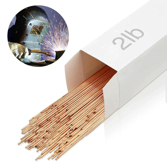 ER70S-6 Mild Steel TIG Welding Rod Sixteen Inch Length One Sixteenth Diameter Two Pound Pack shown in white box with welding sparks