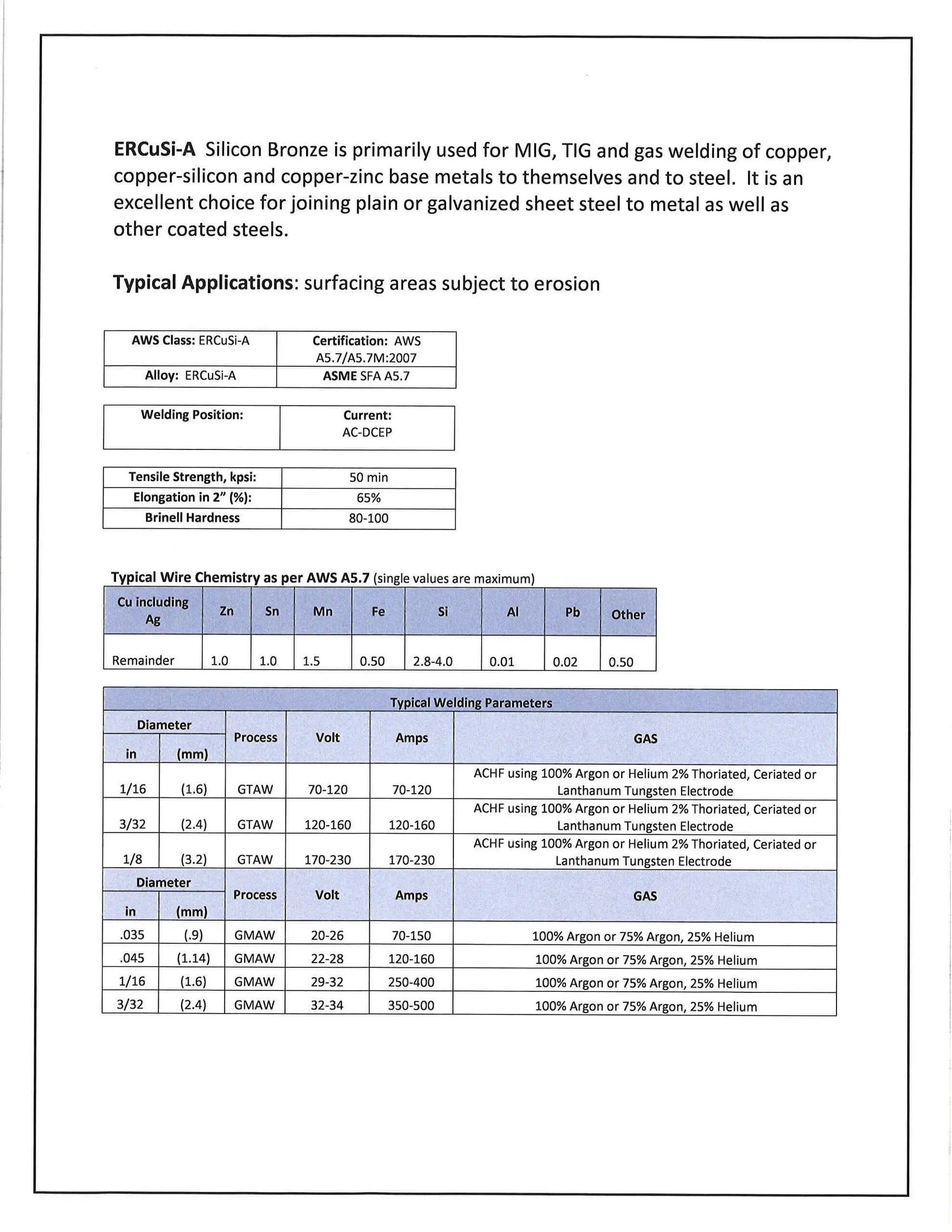 ER CuSi A TIG Rod For Aluminum Welding spec sheet detailing alloy composition and welding parameters