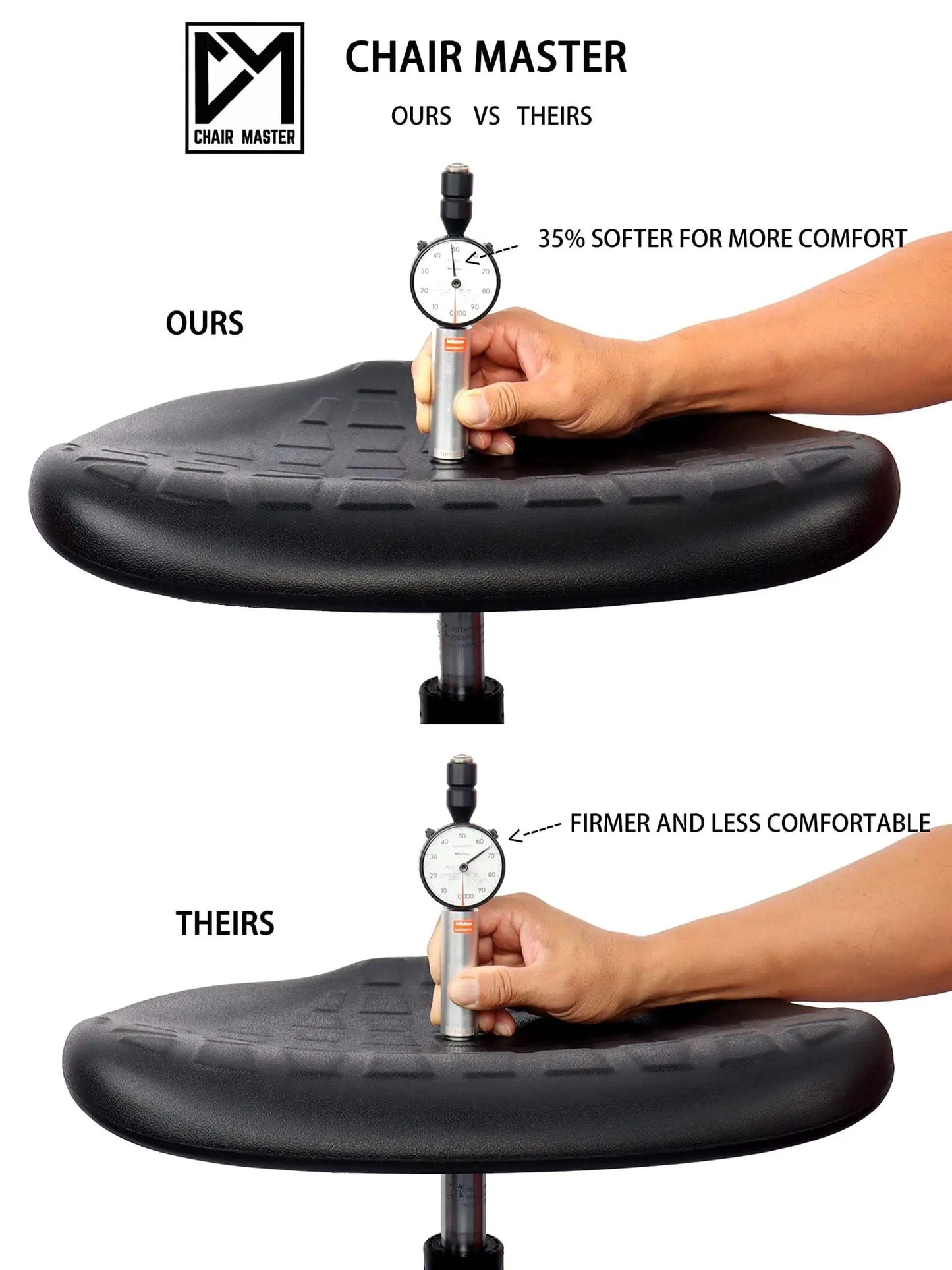 Comparison of Boss Bench Height Ergonomic Chair Stool With Easy To Clean Polyurethane Seat showing softness of our seat vs. theirs