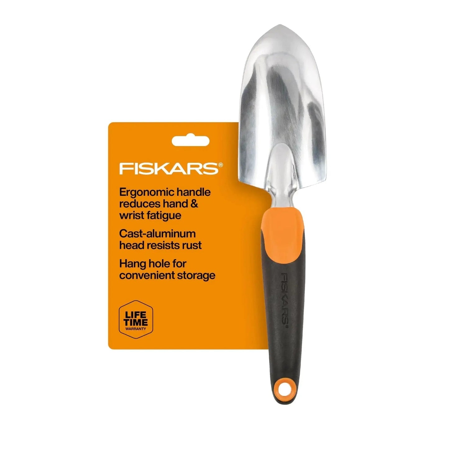 Heavy Duty Gardening Hand Trowel With Hang Hole For Digging And Planting Cast Aluminum Rust Resistant Head Ergonomic Handle And Comfort Grip Precision Tool For Tough Soil Weeding Transplants And General Yard Maintenance displayed with packaging
