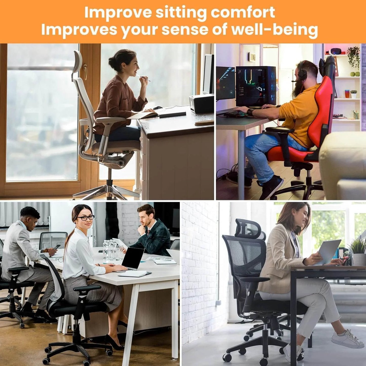 People using ergonomic office chairs in various settings to improve sitting comfort and well-being