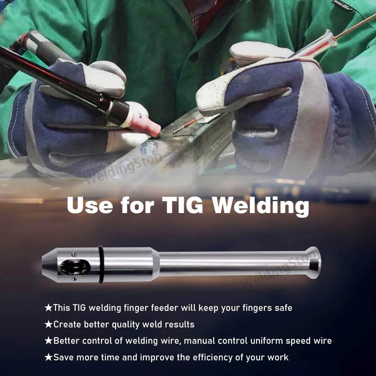 Ergonomic TIG Welding Finger Feeder for Precise Wire Feed in use with gloves, showing pencil grip, fits 1.0-3.2 mm wire range.