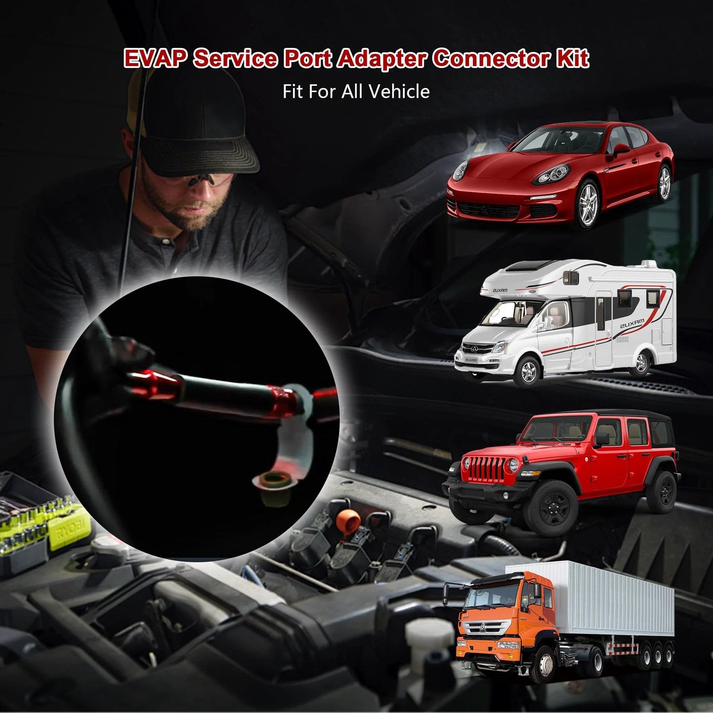 EVAP Service Port Adapter Kit With Valve Removal Tool For Quick No Fuss Leaks Tests Easy Connection To Automotive Smoke Leak Testers And Accessories Universal Compatibility With Most Cars And Diagnostic Gear Speed Up Leak Diagnosis, close-up view of the adapter in use.