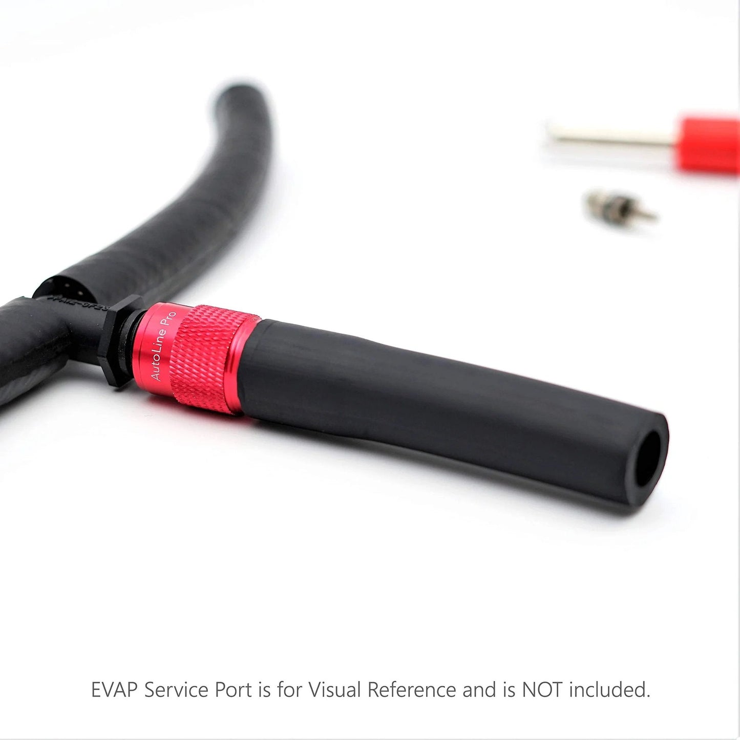 Close-up of EVAP Service Port Adapter Kit With Schrader Valve Remover Tool For Smoke Leak Testing, showing red connector and hose.