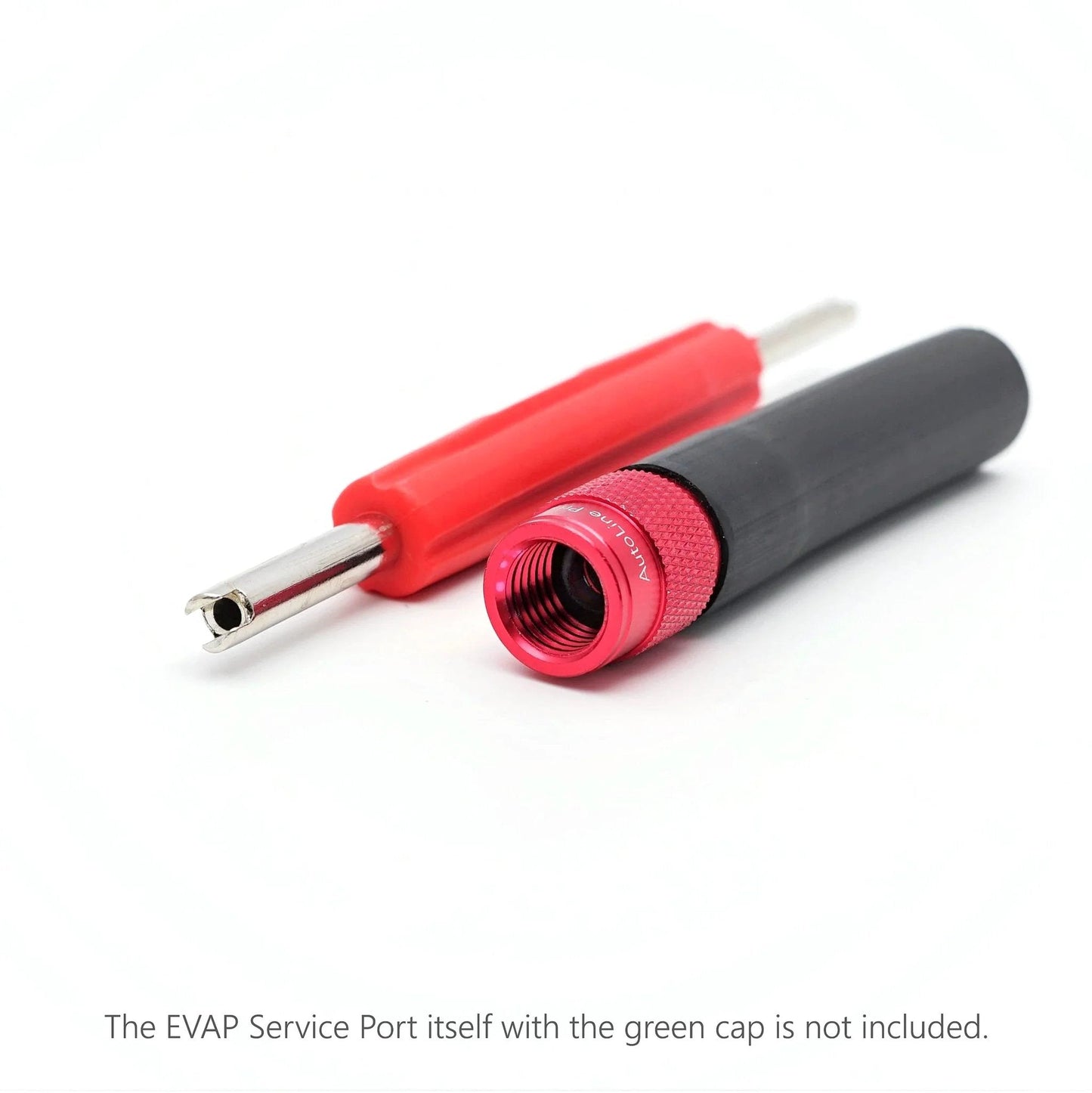 EVAP Service Port Adapter Kit With Schrader Valve Remover Tool For Smoke Leak Testing Ultra Durable Pro Grade Connector Red finish, close-up view.