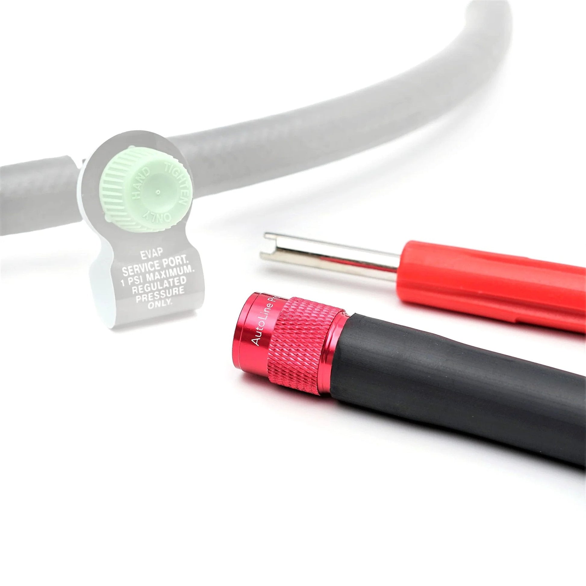 Close-up view of the EVAP Service Port Adapter Kit With Schrader Valve Remover Tool for Smoke Leak Testing, red connector and tool.